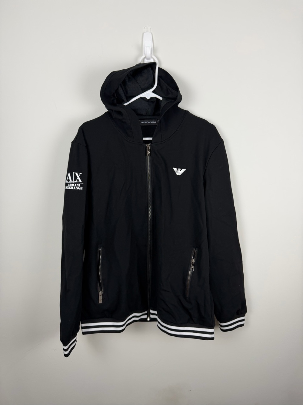 Emporio Armani Black Hooded Zip Jacket with White Trim